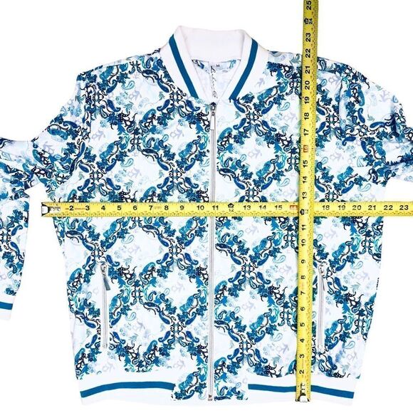 NEW Lulu-B UPF 50 Blue White Geometric Parsley Print Smooth Full Zip Jacket - Picture 8 of 13
